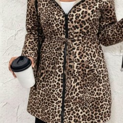 Kadın Uzun Kollu Kapşonlu çift Taraflı Cepli Bağcıklı Fermuarlı Viskon Iki Iplik Leopar Ceket, 30208