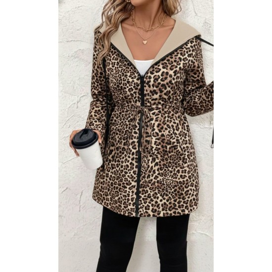 Kadın Uzun Kollu Kapşonlu çift Taraflı Cepli Bağcıklı Fermuarlı Viskon Iki Iplik Leopar Ceket, 30208