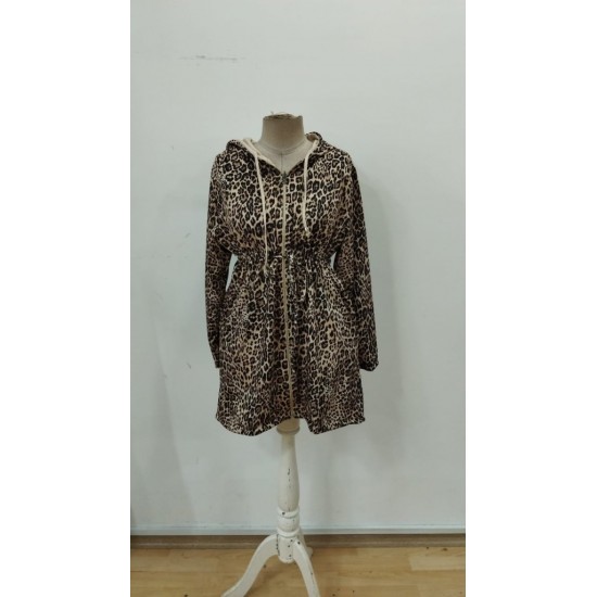 Kadın Uzun Kollu Kapşonlu çift Taraflı Cepli Bağcıklı Fermuarlı Viskon Iki Iplik Leopar Ceket, 30208