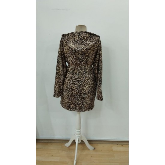 Kadın Uzun Kollu Kapşonlu çift Taraflı Cepli Bağcıklı Fermuarlı Viskon Iki Iplik Leopar Ceket, 30208