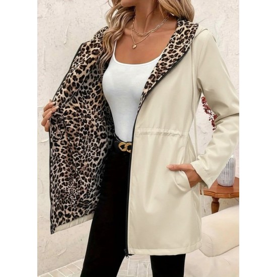 Kadın Uzun Kollu Kapşonlu çift Taraflı Cepli Bağcıklı Fermuarlı Viskon Iki Iplik Leopar Ceket, 30208