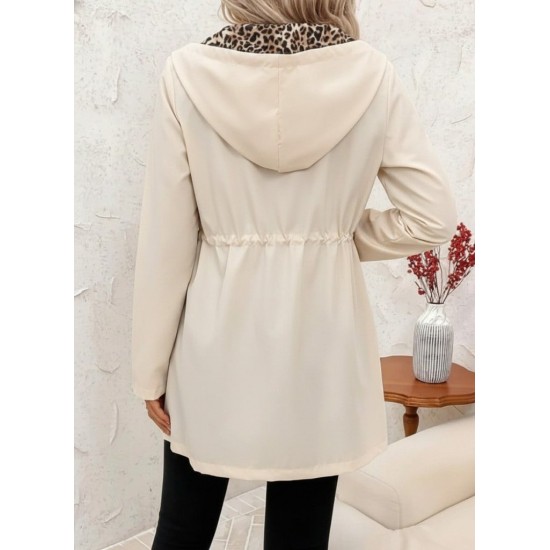 Kadın Uzun Kollu Kapşonlu çift Taraflı Cepli Bağcıklı Fermuarlı Viskon Iki Iplik Leopar Ceket, 30208