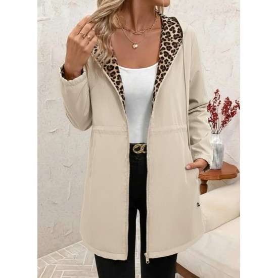 Kadın Uzun Kollu Kapşonlu çift Taraflı Cepli Bağcıklı Fermuarlı Viskon Iki Iplik Leopar Ceket, 30208