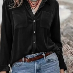 Kadın Uzun Kollu Yakalı önden Düğmeli Cep Detaylı Kadife Gömlek , 30209