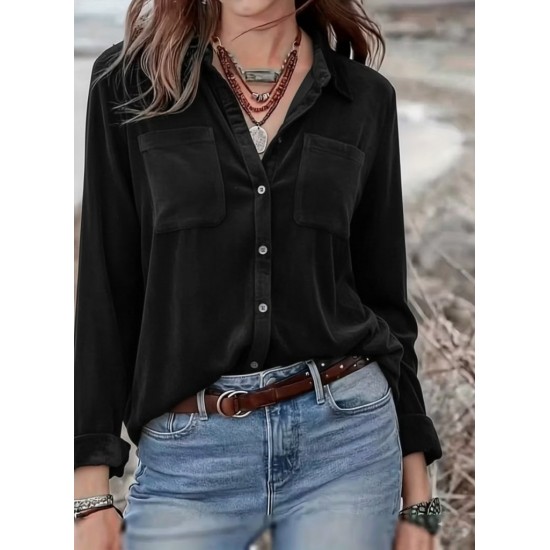 Kadın Uzun Kollu Yakalı önden Düğmeli Cep Detaylı Kadife Gömlek , 30209 Kadın Uzun Kollu Yakalı önden Düğmeli Cep Detaylı Kadife Gömlek , 30209