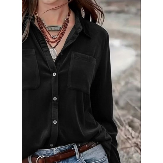 Kadın Uzun Kollu Yakalı önden Düğmeli Cep Detaylı Kadife Gömlek , 30209 Kadın Uzun Kollu Yakalı önden Düğmeli Cep Detaylı Kadife Gömlek , 30209