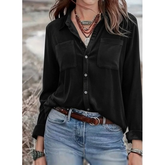 Kadın Uzun Kollu Yakalı önden Düğmeli Cep Detaylı Kadife Gömlek , 30209 Kadın Uzun Kollu Yakalı önden Düğmeli Cep Detaylı Kadife Gömlek , 30209