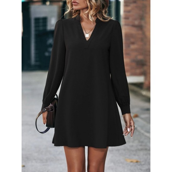 Kadın Uzun Kollu V Yakalı Arkadan Düğmeli Mini Ithal Krep Elbise , 30215