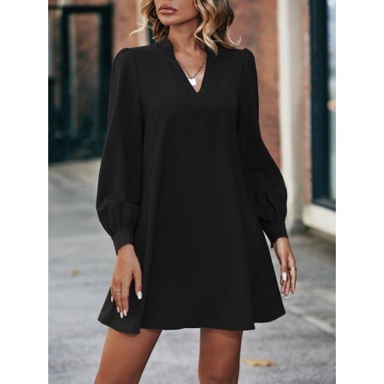 Kadın Uzun Kollu V Yakalı Arkadan Düğmeli Mini Ithal Krep Elbise , 30215