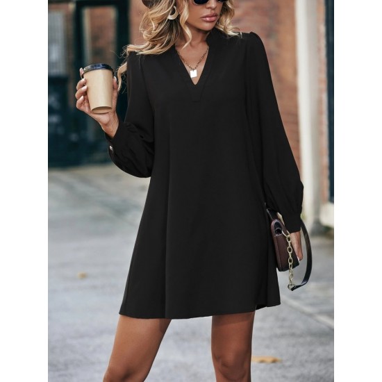 Kadın Uzun Kollu V Yakalı Arkadan Düğmeli Mini Ithal Krep Elbise , 30215