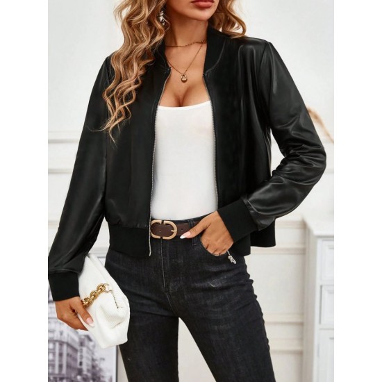 Kadın Uzun Kollu önden Fermuarlı Deri Kısa Ceket, 30218