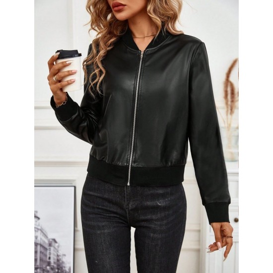 Kadın Uzun Kollu önden Fermuarlı Deri Kısa Ceket, 30218