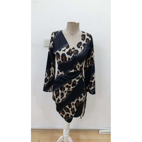 Kadın Uzun Kollu Kruvaze Yakalı Asimetrik Detaylı Mini Modal Elbise, 30222