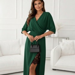 Kadın Uzun Kollu Kruvaze Yakalı Yandan Dantelli Midi Ithal Krep Elbise , 30229