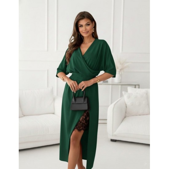 Kadın Uzun Kollu Kruvaze Yakalı Yandan Dantelli Midi Ithal Krep Elbise , 30229