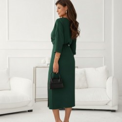 Kadın Uzun Kollu Kruvaze Yakalı Yandan Dantelli Midi Ithal Krep Elbise , 30229