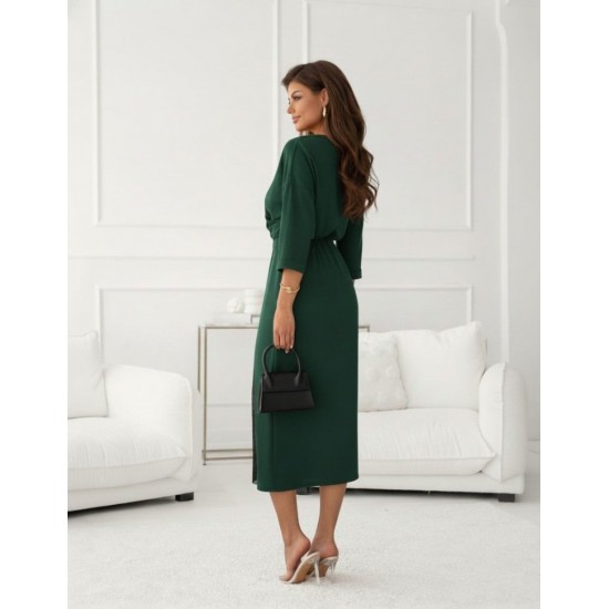 Kadın Uzun Kollu Kruvaze Yakalı Yandan Dantelli Midi Ithal Krep Elbise , 30229