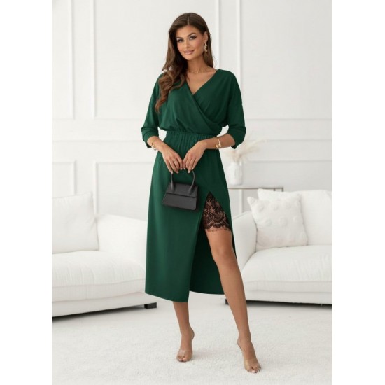 Kadın Uzun Kollu Kruvaze Yakalı Yandan Dantelli Midi Ithal Krep Elbise , 30229