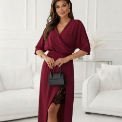 Kadın Uzun Kollu Kruvaze Yakalı Yandan Dantelli Midi Ithal Krep Elbise , 30228