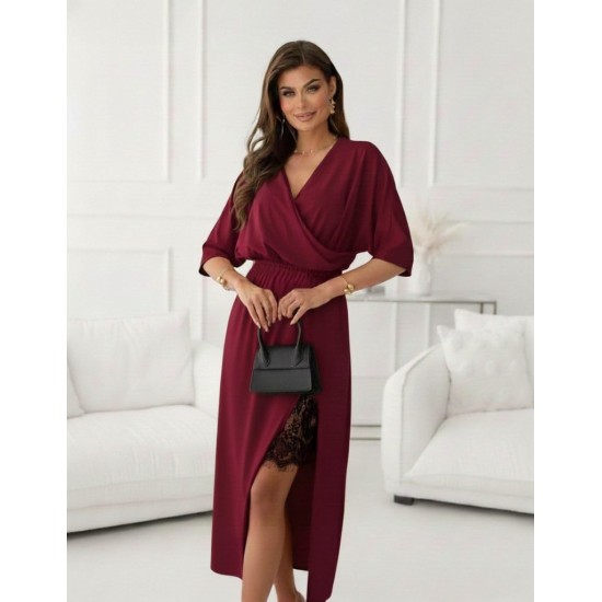 Kadın Uzun Kollu Kruvaze Yakalı Yandan Dantelli Midi Ithal Krep Elbise , 30228