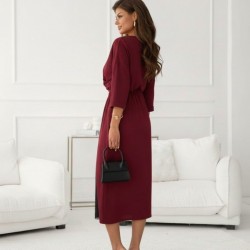 Kadın Uzun Kollu Kruvaze Yakalı Yandan Dantelli Midi Ithal Krep Elbise , 30228