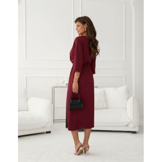 Kadın Uzun Kollu Kruvaze Yakalı Yandan Dantelli Midi Ithal Krep Elbise , 30228