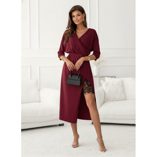 Kadın Uzun Kollu Kruvaze Yakalı Yandan Dantelli Midi Ithal Krep Elbise , 30228