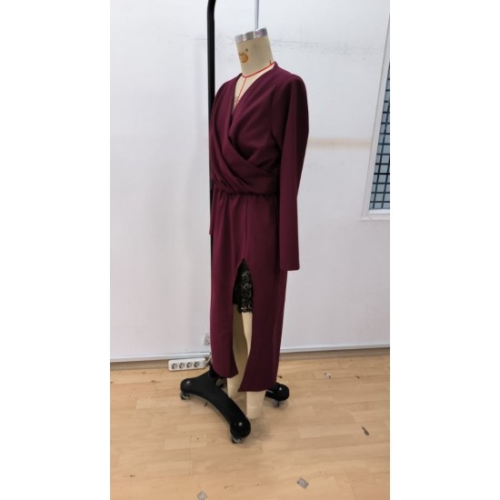 Kadın Uzun Kollu Kruvaze Yakalı Yandan Dantelli Midi Ithal Krep Elbise , 30228