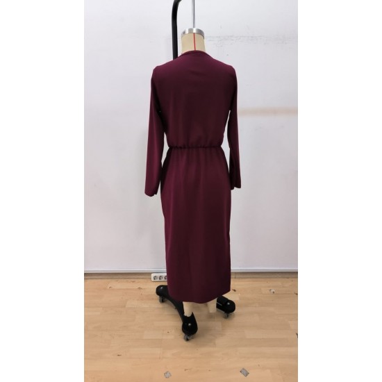 Kadın Uzun Kollu Kruvaze Yakalı Yandan Dantelli Midi Ithal Krep Elbise , 30228