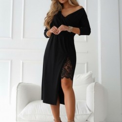 Kadın Uzun Kollu Kruvaze Yakalı Yandan Dantelli Midi Ithal Krep Elbise , 30227