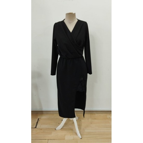 Kadın Uzun Kollu Kruvaze Yakalı Yandan Dantelli Midi Ithal Krep Elbise , 30227