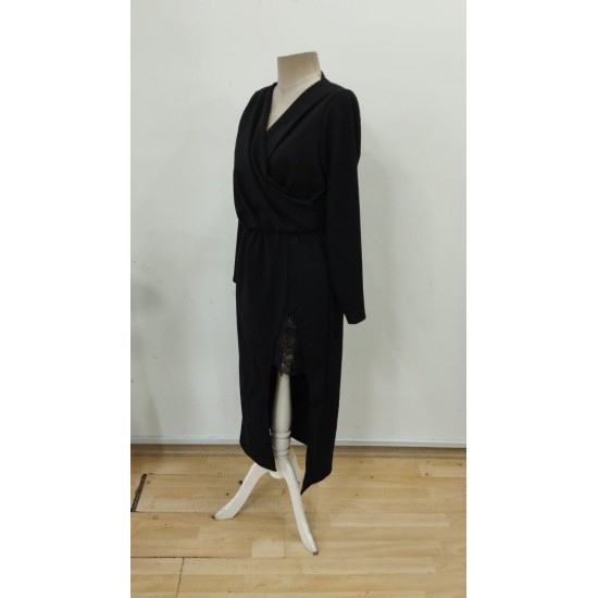 Kadın Uzun Kollu Kruvaze Yakalı Yandan Dantelli Midi Ithal Krep Elbise , 30227