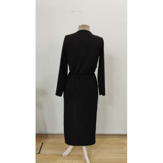 Kadın Uzun Kollu Kruvaze Yakalı Yandan Dantelli Midi Ithal Krep Elbise , 30227