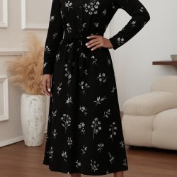 Kadın Uzun Kollu Hakim Yakalı Düğmeli Kuşaklı Desenli Maxi Mikro Süprem Elbise, 30235