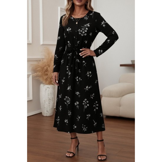 Kadın Uzun Kollu Hakim Yakalı Düğmeli Kuşaklı Desenli Maxi Mikro Süprem Elbise, 30235