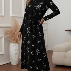 Kadın Uzun Kollu Hakim Yakalı Düğmeli Kuşaklı Desenli Maxi Mikro Süprem Elbise, 30235