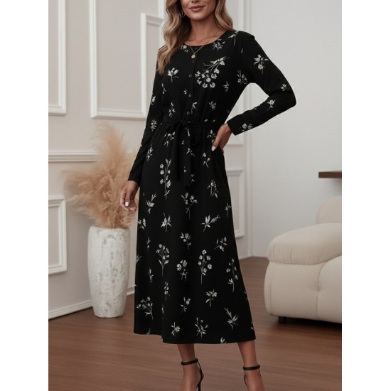 Kadın Uzun Kollu Hakim Yakalı Düğmeli Kuşaklı Desenli Maxi Mikro Süprem Elbise, 30235