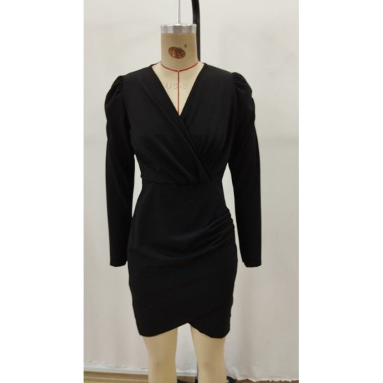 Kadın Uzun Kollu Kruvaze Yakalı önden çapraz Kesim Detaylı Mini Ithal Krep Elbise , 30233