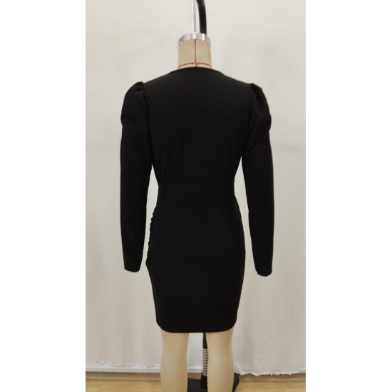 Kadın Uzun Kollu Kruvaze Yakalı önden çapraz Kesim Detaylı Mini Ithal Krep Elbise , 30233