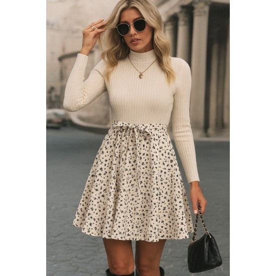 Kadın Uzun Kollu Balıkçı Yaka Belden Bağlamalı üst Kaşkorse Eteği Dalgıç Kısa Elbise , 30232