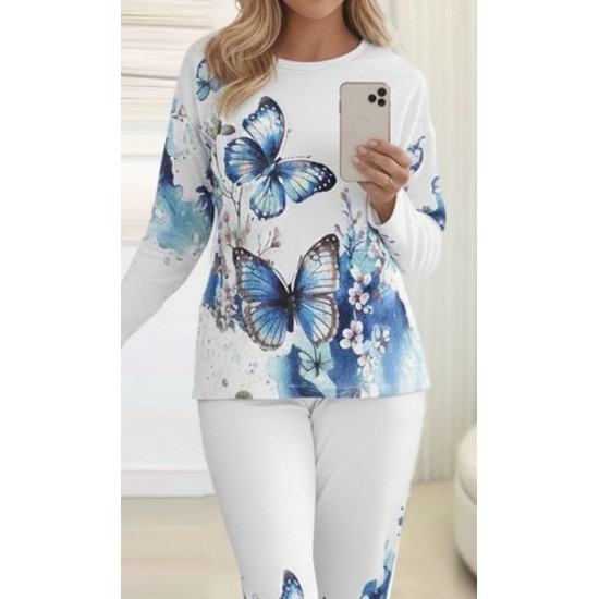 Kadın Uzun Kollu Bisiklet Yaka Kelebek Desenli Süprem Alt üst Takım, 30231