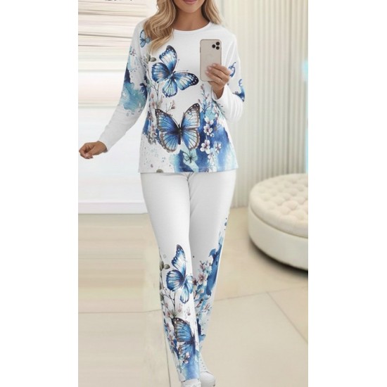 Kadın Uzun Kollu Bisiklet Yaka Kelebek Desenli Süprem Alt üst Takım, 30231