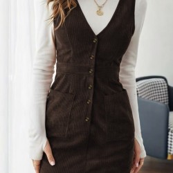 Kadın Askılı V Yakalı önden Düğmeli Mini Kalın Fitilli Kadife Elbise, 30240 Kadın Askılı V Yakalı önden Düğmeli Mini Kalın Fitilli Kadife Elbise, 30240