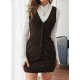 Kadın Askılı V Yakalı önden Düğmeli Mini Kalın Fitilli Kadife Elbise, 30240