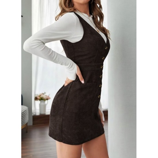 Kadın Askılı V Yakalı önden Düğmeli Mini Kalın Fitilli Kadife Elbise, 30240