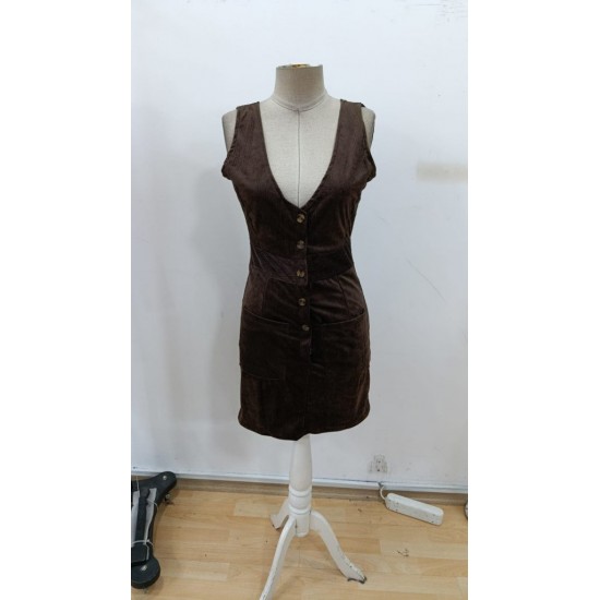 Kadın Askılı V Yakalı önden Düğmeli Mini Kalın Fitilli Kadife Elbise, 30240