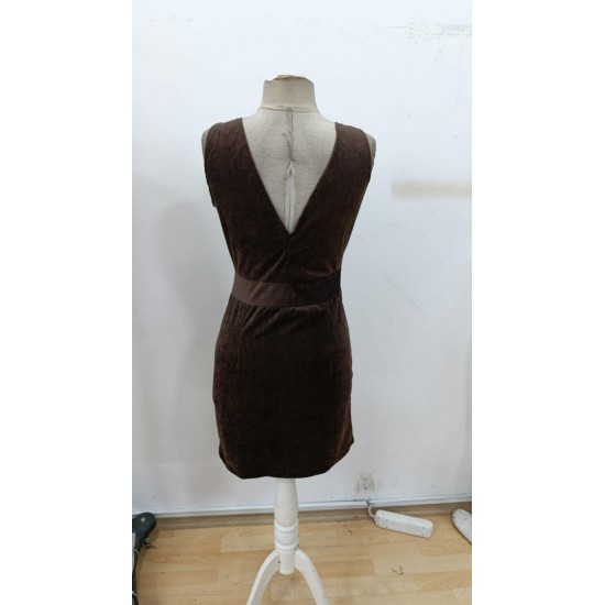 Kadın Askılı V Yakalı önden Düğmeli Mini Kalın Fitilli Kadife Elbise, 30240