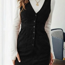 Kadın Askılı V Yakalı önden Düğmeli Mini Kalın Fitilli Kadife Elbise , 30239 Kadın Askılı V Yakalı önden Düğmeli Mini Kalın Fitilli Kadife Elbise , 30239