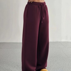 Kadın Yüksek Bel Lastikli Bağcıklı Geniş Kesim Dalgıç Mürdüm Pantolon, 30256 Kadın Yüksek Bel Lastikli Bağcıklı Geniş Kesim Dalgıç Mürdüm Pantolon, 30256