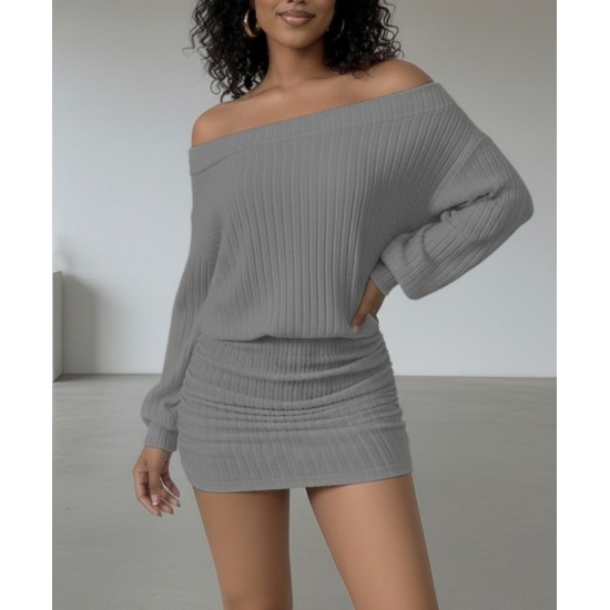 Kadın Uzun Kollu Madonna Yaka Yanlardan Büzgülü şardonlu Kaşkorse Mini Elbise, 30249